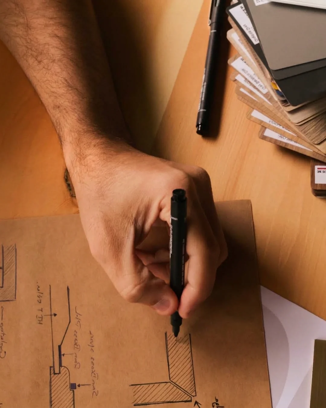 A hand with a pen over furniture sketches at the desk